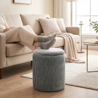 HOMCOM Runder Samt Sitzhocker mit Stauraum Polsterhocker Fußhocker mit Deckel 45 cm Grau(m-7)