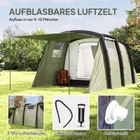 Outsunny Aufblasbares Campingzelt 3 Personen Outdoor Tunnelzelt mit Seitenfenstern Tür Luftträger 4,4 x 2,8 x 1,95 m Grün(m-4)