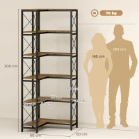 HOMCOM Bibliothèque d'angle à 6 niveaux, meuble de rangement en métal pour salon, chambre, bureau, 60x60x200cm, brun rustique(m-3)
