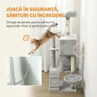 PawHut Copac pentru Zgâriat pentru Pisici, Înălțime 140 cm, cu 2 Căsuțe, Hamac, Pat și Stâlpi Acoperiți cu Sisal, Gri(m-6)