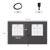 Outsunny Paviljoenzijwanden, 4 zijpaneeldelen voor tuinpaviljoen, met rits, 3 x 4 m paviljoen, Donkergrijs(m-3)
