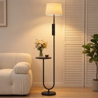 HOMCOM Modern Floor Lamp with Shelf, Dimmable Floor Lamp with Linen Shade, RF Remote and Foot Switch for Living Room, Black(m-2)