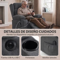 HOMCOM Sillón Relax Reclinable Eléctrico Levanta Personas con 8 Puntos Masaje y Calor Lumbar Puerto USB Mando Reposapiés Gris(m-6)