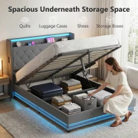 HOMCOM 4ft6 Double Bed Frame with Headboard, Platform Bed Frame with Hydraulic Storage, LED Lights and Charging Station, Grey(m-4)