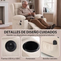 HOMCOM Sillón Relax Reclinable Eléctrico Levanta Personas con 8 Puntos Masaje y Calor Lumbar Puerto USB Mando Reposapiés Crema(m-6)
