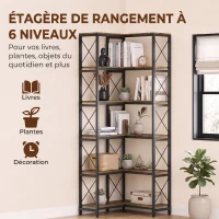 HOMCOM Bibliothèque d'angle à 6 niveaux, meuble de rangement en métal pour salon, chambre, bureau, 60x60x200cm, brun rustique(m-5)