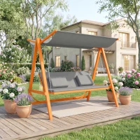 Outsunny hangmatschommel met bedfunctie 3-zits tuinschommel met dak ligbed tuinbank Lariks hout polyester grijs + teak 225.5 x 113 x 180 cm(m-2)