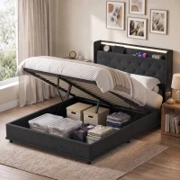 HOMCOM 4ft6 Double Bed Frame with Headboard, Platform Bed Frame with Hydraulic Storage, LED Lights and Charging Station, Black(m-9)