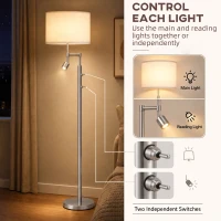 HOMCOM Modern Floor Lamp with Built-In Reading Light, Standing Lamp with Independent Switch, Satin Nickel(m-5)