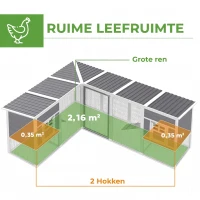 PawHut Kippenhok L-vormig van hout met 2 huisjes, 2 niveaus, ren, loopplank, 251 x 192 x 103 cm Grijs(m-5)