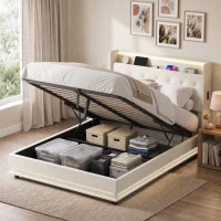 HOMCOM 4ft6 Double Bed Frame with Headboard, Platform Bed Frame with Hydraulic Storage, LED Lights and Charging Station, Cream(m-9)