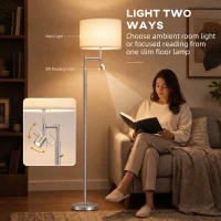 HOMCOM Modern Floor Lamp with Built-In Reading Light, Standing Lamp with Independent Switch, Satin Nickel(m-4)