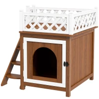PawHut Kattenhuis, Tweelaags met Balkon en Trap, Voor Binnen en Buiten, Voor Katten en Konijnen, Sparrenhout, Bruin(m-10)