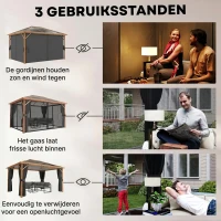 Outsunny Tuinpaviljoen ca. 4x3m aluminium paviljoen met polycarbonaat dak 6 mm muggennet 4 zijpanelen houtlook natuurlijk hout(m-6)