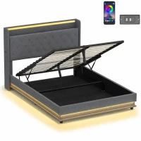 HOMCOM 5ft King Bed Frame with Headboard, Platform Bed Frame with Hydraulic Storage, LED Lights and Charging Station, Grey(m-1)
