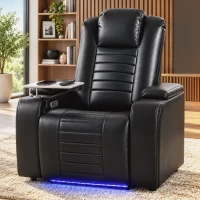 HOMCOM Electric Recliner Armchair w/ Type C+USB, LED Light, PU Leather Cinema Recliner Chair w/ Storage, Tray Table, Black(m-14)