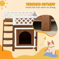 PawHut Kattenhuis, Tweelaags met Balkon en Trap, Voor Binnen en Buiten, Voor Katten en Konijnen, Sparrenhout, Bruin(m-5)