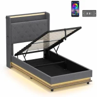 HOMCOM 3ft Single Bed Frame with Headboard, Platform Bed Frame with Hydraulic Storage, LED Lights and Charging Station, Grey(m-1)