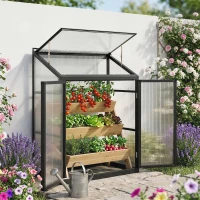 Outsunny 4 x 2ft Polycarbonate Greenhouse, Quick Setup, Lean-to Green House with 2 Hinged Doors, Top Vent, Black(m-14)
