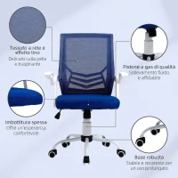 Vinsetto Sedia da Ufficio Ergonomica con Supporto Lombare, Braccioli Pieghevoli, Sedia da Scrivania Girevole in Rete Traspirante con Schienale Reclinabile e Altezza Regolabile, Capacità 120kg, Blu(m-9)
