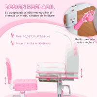 HOMCOM Birou Școlar pentru Copii de 6-12 Ani Reglabil cu Lumină LED, Suport de Carte și Suport pentru Pixuri, din MDF, PP și Oțel, Roz(m-4)
