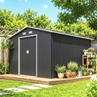 Outsunny Abri de jardin 8,3 m² 322 x 277 x 192 cm kit de fondation incluse porte coulissante ventilations tôle acier gris foncé(m-2)