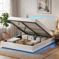 HOMCOM 5ft King Bed Frame with Headboard, Platform Bed Frame with Hydraulic Storage, LED Lights and Charging Station, White(m-14)