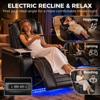HOMCOM Electric Recliner Armchair w/ Type C+USB, LED Light, PU Leather Cinema Recliner Chair w/ Storage, Tray Table, Black(m-4)