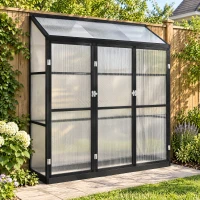 Outsunny 6 x 1.5ft Polycarbonate Greenhouse, Quick Setup, Lean-to Green House with 3 Hinged Doors, Top Vent, Black(m-9)