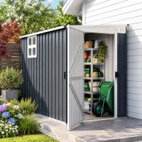 Outsunny 7.6 x 4ft Lean to Garden Metal Shed, Outdoor Storage Shed with Window, 2 Vents and Lockable Door for Garden, Dark Grey(m-9)