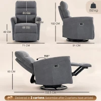 HOMCOM Fotoliu relax electric 155° cu suport pentru picioare, tapițat, rotire 270°, balansoar, șenilă, gri(m-3)