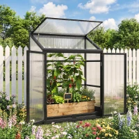 Outsunny 4 x 2ft Polycarbonate Greenhouse, Quick Setup, Lean-to Green House with 2 Hinged Doors, Top Vent, Black(m-2)