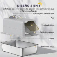 PawHut Arenero para Gatos de Acero Inoxidable Grande con Tapa Cerrado con Pala Escalón Arena Fácil de Limpiar Antiolor Gris(m-6)