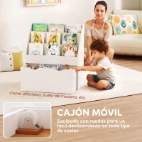 AIYAPLAY Librería Infantil de 4 Niveles Estantería para Libros Infantil con 3 Estantes y 1 Cajón con Ruedas 62,5x30x70 cm Blanco(m-6)