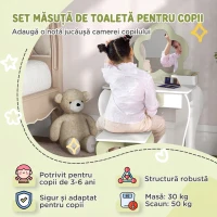 ZONEKIZ Set masă de toaletă pentru fetițe cu oglindă și scaun asortat din lemn, sertar și spații de depozitare, alb(m-4)