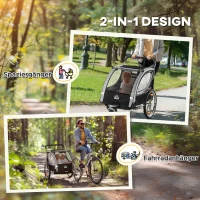 HOMCOM Kinderfahrradanhänger, Schiebewagen, mit Bremsen, klappbar, für 2 Kinder, Grau/Schwarz(m-4)