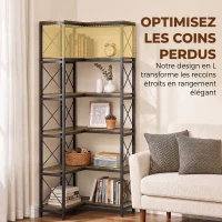 HOMCOM Bibliothèque d'angle à 6 niveaux, meuble de rangement en métal pour salon, chambre, bureau, 60x60x200cm, brun rustique(m-4)