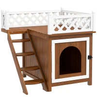 PawHut Kattenhuis, Tweelaags met Balkon en Trap, Voor Binnen en Buiten, Voor Katten en Konijnen, Sparrenhout, Bruin(m-1)