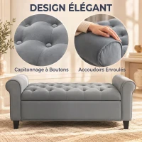 HOMCOM Banc de rangement bout de lit avec accoudoirs, tissu effet velours rembourré et capitonné, 126 x 48,5 x 57 cm, gris(m-7)