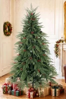 HOMCOM 6ft Artificial Christmas Tree with Pinecones, Red Berries, Hinged Predecorated Xmas Tree with 2843 Branch Tips(m-2)