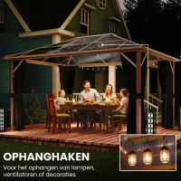 Outsunny Tuinpaviljoen ca. 4x3m aluminium paviljoen met polycarbonaat dak 6 mm muggennet 4 zijpanelen houtlook natuurlijk hout(m-7)