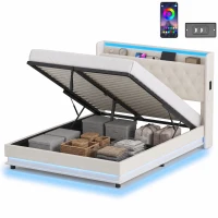 HOMCOM 5ft King Bed Frame with Headboard, Platform Bed Frame with Hydraulic Storage, LED Lights and Charging Station, White(m-15)