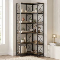 HOMCOM Bibliothèque d'angle à 6 niveaux, meuble de rangement en métal pour salon, chambre, bureau, 60x60x200cm, brun rustique(m-15)