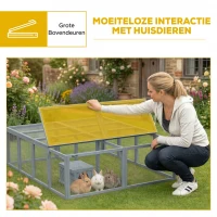 PawHut Konijnenhok met ren van hout en openklapbaar dak deuren schuilhuisje voor 2-4 dwergkonijnen 180,4 x 150 x 48 cm grijs(m-5)