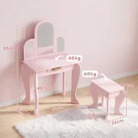 HOMCOM Toucador para Crianças com Espelho e Banco Toucador de Maquilhagem para Crianças de 3 a 6 Anos 52x32x85 cm Rosa(m-3)