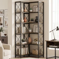 HOMCOM Bibliothèque d'angle à 6 niveaux, meuble de rangement en métal pour salon, chambre, bureau, 60x60x200cm, brun rustique(m-8)