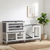PawHut Clapier pour lapin en bois 2 étages avec roulettes, 3 plateaux, pour 2-3 lapins, 147 x 45 x 89,5 cm, gris(m-2)