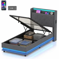 HOMCOM 3ft Single Bed Frame with Headboard, Platform Bed Frame with Hydraulic Storage, LED Lights and Charging Station, Grey(m-11)