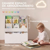 AIYAPLAY Estante de Brinquedos com 3 Compartimentos Gaveta com Rodas para Quarto Sala de Jogos 62,5x30x70 cm Branco(m-4)