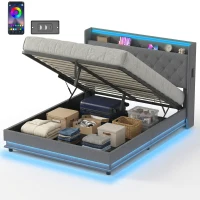 HOMCOM 5ft King Bed Frame with Headboard, Platform Bed Frame with Hydraulic Storage, LED Lights and Charging Station, Grey(m-11)